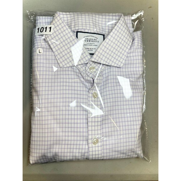 Charles Tyrwhitt Mens Dress Shirt Size L Purple Check Cotton Slim Office Wear - Picture 8 of 8